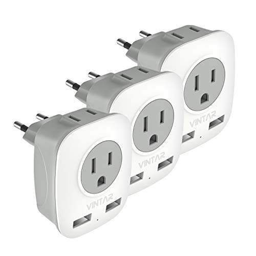 Product Cover [3-Pack] European Plug Adapter, VINTAR International Power Adaptor with 2 USB Ports,2 American Outlets- 4 in 1 European Plug Adapter for France, Germany, Greece, Italy, Israel, Spain (Type C)