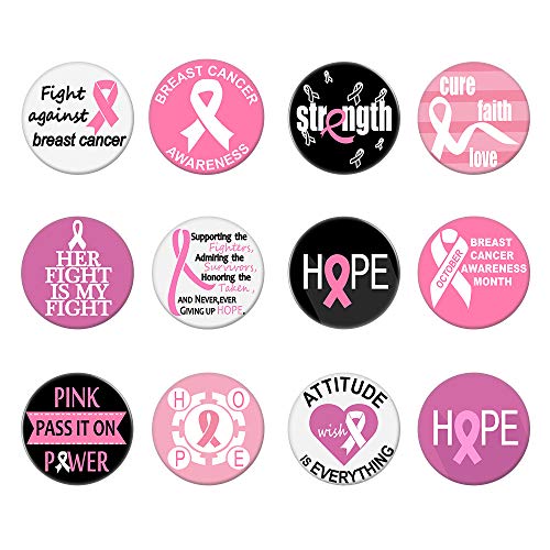 Product Cover Pink Breast Cancer Awareness Novelty Buttons Badge Decorations,Jewelry,Pins,12 Various Designs - 24 Pieces