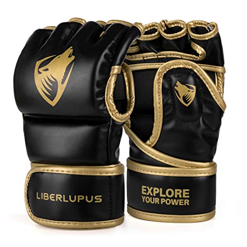 Product Cover Liberlupus MMA Gloves, UFC Boxing Fight Gloves MMA Mitts with Adjustable Wrist Band for Sanda Sparring Punching Bag Training (Black & Gold, S/M)