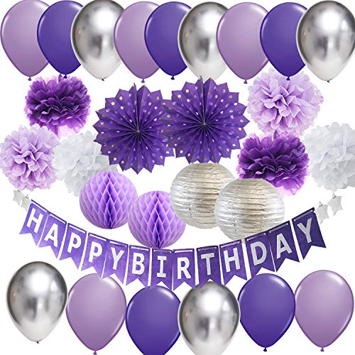 Product Cover Purple Silver Birthday Party Decorations Happy Birthday Banner Purple Silver Latex Balloons Polka Dot Paper Fans/Girl Purple Birthday Decorations for Women 30th/40th/50th/60th Birthday Photo Backdrop