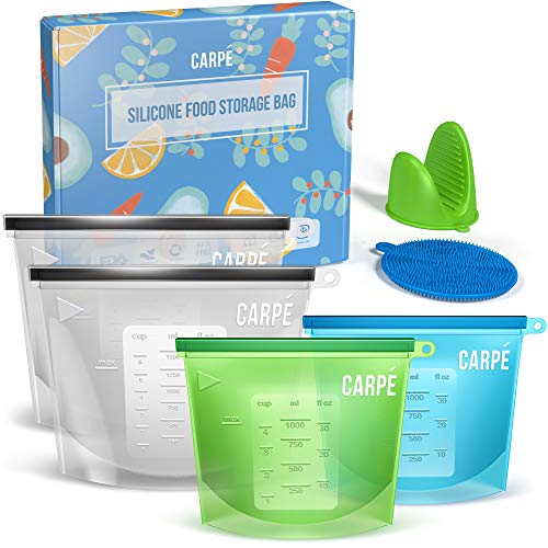 Product Cover Carpe Reusable Silicone Food Storage Bag (4) + Silicone Mitten + Scrubber Sponge | Eco-friendly EPA-free Leakproof Reusable Ziplock Bags for Sandwich, Sous Vide, Snack, Lunch| Freezer, Dishwasher Safe