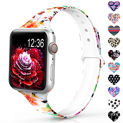 Product Cover Sunnywoo Sport Band Compatible with Apple Watch 38mm 40mm 42mm 44mm, Narrow Soft Fadeless Floral Silicone Slim Thin Replacement Wristband for iWatch Series 4/3/2/1 Women Men