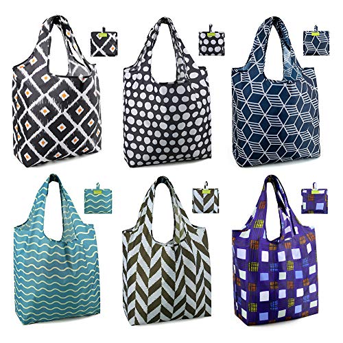 Product Cover Shopping Bags Reusable Grocery Foldable Totes 6 Pack XLarge 50LBS Ripstop Cute Geometric Fashion Bags with Pouch Bulk Waterproof Machine Washable Eco-Friendly Nylon Black Gray Purple Navy Teal Brown