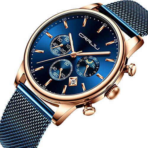 Product Cover CRRJU Men's Blue Date Chronograph Watches Men Sports Waterproof 30M Full Stainless Steel Quartz Watch with Mesh Strap