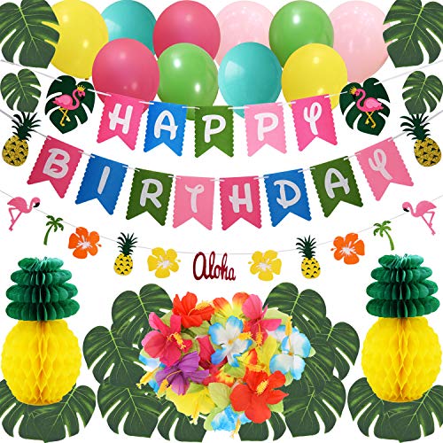 Product Cover THAWAY Hawaiian Flamingo Pineapple Decor Luau Party Supplies Birthday Decorations includes Birthday Banner, Artificial Tropical Palm Leaves, Hibiscus Flowers, Tissue Paper Pineapples, Party Balloons