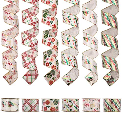 Product Cover Wired Edge Christmas Ribbon, Assorted Organza Swirl Sheer Crafts Gift Wrapping Ribbons DIY Xmas Design Decorations, 36 Yards (6 Roll x 6 yd) by 2-1/2 inch