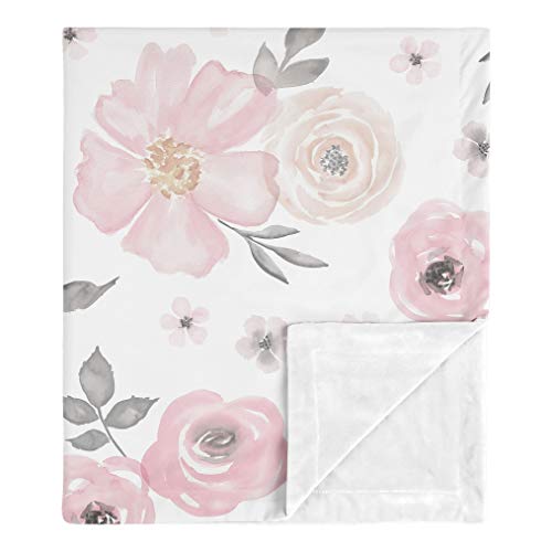 Product Cover Sweet Jojo Designs Shabby Chic Rose Flower Watercolor Floral Baby Girl Receiving Security Swaddle Blanket for Newborn or Toddler Nursery Car Seat Stroller Soft Minky - Blush Pink, Grey and White