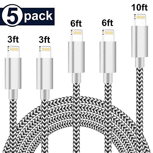 Product Cover Sharllen iPhone Charger MFi Certified Lightning Cable [5Pack,3/3/6/6/10FT] Nylon Braided USB Charging & Syncing Cord iPhone Charger Compatible iPhone Xs/MAX/XR/X/8/8P/7/7P/6/iPad/iPod(Black&White)