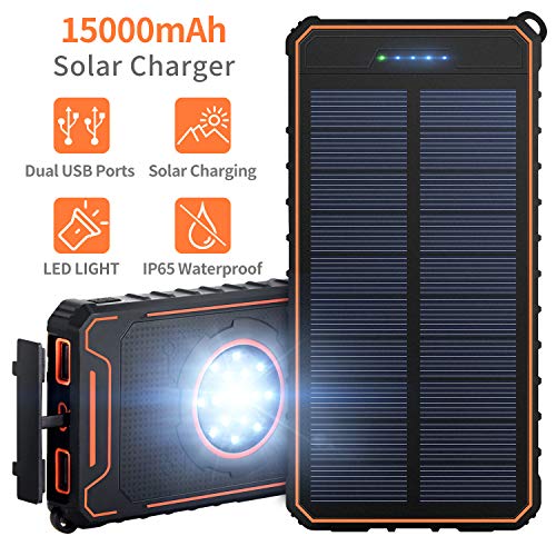 Product Cover Solar Charger 15000mAh Portable Power Bank with Dual USB Ports Waterproof External Battery Charger with 15 LED Lights for Cell Phone Tablet Camera GPS Camping Outdoors and Emergency