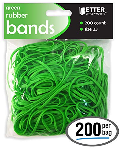 Product Cover 200 Green Rubber Bands, by Better Office Products, Size 33, 200/Bag, Bright Green Rubber Bands