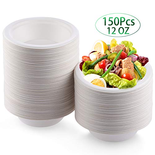 Product Cover Fuyit 150 Count Disposable Bowl, 12 oz, Natural Compostable Biodegradable Sugarcane Paper Soup Bowls, Eco-Friendly, Microwavable and Leakproof Tableware for Hot and Cold Foods (White)