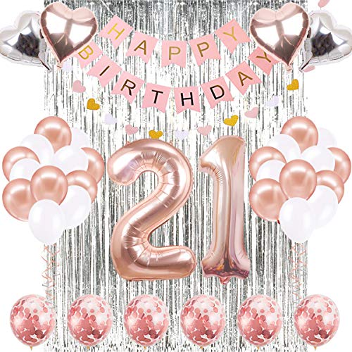 Product Cover 21th Birthday Decorations Banner Balloon, Happy Birthday Banner, 21th Rose Gold Number Balloons, Number 21 Birthday Balloons, 21 Years Old Birthday Decoration Supplies
