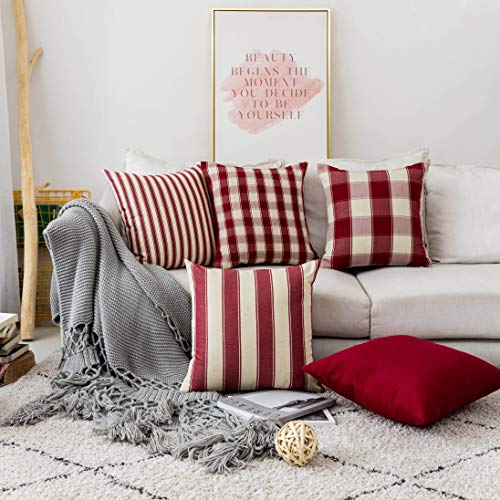 Product Cover Home Brilliant Decorative Pillow Covers Red Throw Pillow Covers for Girl's Room Linen Textured Farmhouse Patterned Cushion Covers for Holiday, 18 x 18 inch(45cm), Crimson, Pack of 5