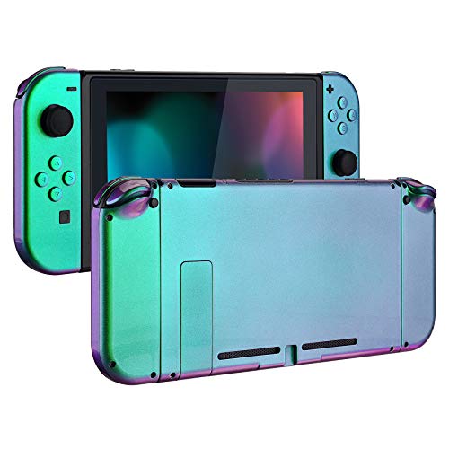Product Cover eXtremeRate Glossy Back Plate for Nintendo Switch Console, NS Joycon Handheld Controller Housing with Full Set Buttons, DIY Replacement Shell for Nintendo Switch - Chameleon Green Purple