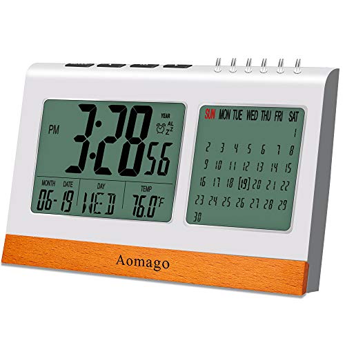 Product Cover Digital Alarm Clock Battery Operated for Bedrooms, Aomago Desk Clock Office with Snooze, Calendar, Temperature Display(℉/℃)