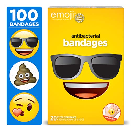 Product Cover Emoji Kids Bandages with Emoji Shaped Bandages, 100 ct | Adhesive Antibacterial Bandages for Minor Cuts, Scrapes, Burns. Great Stocking Stuffer or White Elephant