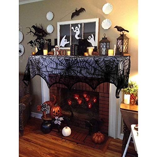 Product Cover FeChiX Black Lace Fireplace Scarf Halloween Decoration Spiderweb Fireplace Mantle Scarf Cover Festive Party Supplies 18 x 96 inch