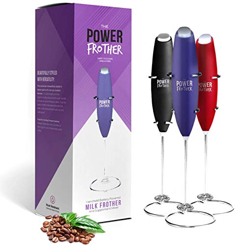 Product Cover Power Frother - Purple Milk Frother for Coffee - Durable Electric Handheld - Battery Operated for Protein Powder, Collagen, Pre-Workout - Quiet & High Powered - By Omega PowerCreamer - Stand Included