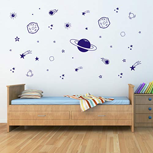 Product Cover Planet Wall Decal, Boys Room Decor, Outer Space Wall Decals, Star Wall Stickers, Vinyl Wall Decals for Children Baby Kids Boys Bedroom, Nursery Decor(Y04) (Blue)