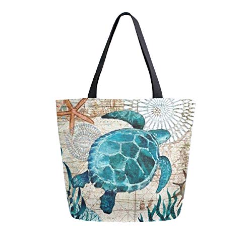 Product Cover Naanle Ocean Turtle Canvas Tote Bag Large Women Casual Shoulder Bag Handbag, Sea Turtle Reusable Multipurpose Heavy Duty Shopping Grocery Cotton Bag for Outdoors.