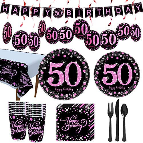 Product Cover Trgowaul 50th Birthday Party Supplies - Black and Pink Disposable Paper Plates, Napkins, Cups, Tablecover, Forks, Knives and Spoons for 16 Guests and Decorations Banner