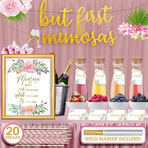 Product Cover Mimosa Bar Sign But First Mimosas - Gold foil poster,4 Bottle Tags, 20 Striped Paper Straws, 4 Table Cards & a Gold Marker - Super Set for bridal/baby shower, brunch decorations