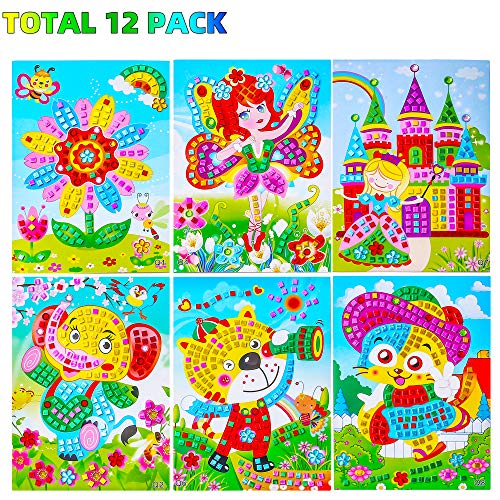 Product Cover Sinceroduct Mosaic Stickers Art Kits for Kids 12 Pack DIY Handmade Art Crafts for Kids Shine Sparkle Mosaics- Elephant Flower Cat Dinosaur Car Castle Etc.