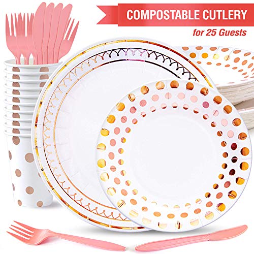 Product Cover Kiki Green Rose Gold Paper Plates Set 125pcs Compostable Paper Plates Rose Gold Party Plates and Cups - Baby Shower Rose Gold Party Decorations Sweet 16 Party Supplies Pink and Gold Party Supplies