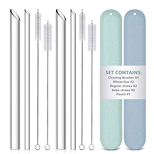 Product Cover Reusable Glass Straws: 2 Regular Straws + 2 Boba Straws + 2 Wheat Cases + 4 Cleaning Brushes + 1 Pouch, for Hot and Cold Drinks, Portable for Personal Use, Smoothie Bubble Tea, 9 inches (2 Set)