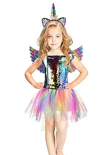 Product Cover Rainbow Unicorn Costume Halloween Girls Dress Up Costumes for Party Special Occasion (M(4-6Years), Rainbow Braid)