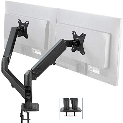 Product Cover VIVO Black Articulating Dual Pneumatic Spring Arm Clamp-on Desk Mount Stand | Fits 2 Monitor Screens 17 to 27 inches with Max VESA 100x100 (STAND-V102O)