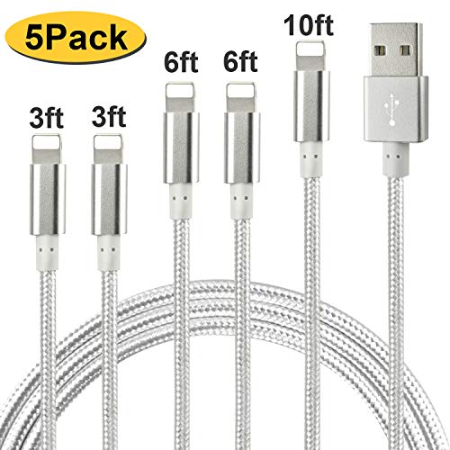 Product Cover Longlidie Nylon Braided Cable Compatible with iPhone Charger, 5 Pack[3/3/6/6/10FT] MFi Certified USB Lightning Cable Charging Cord for iPhone X/Max/11/8/7/6/6S/5/5S/SE/Plus/iPad - Silver