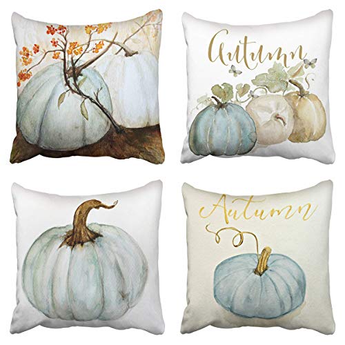 Product Cover Tarolo Set of 4 Decorative Throw Pillow Case Cover Autumn Pumpkins White Blue Gray Cinderella Pumpkin Fall Watercolor Home Square Decor Pillow Cases Covers Cushion Sofa Size 20x20 Inches Double Sided