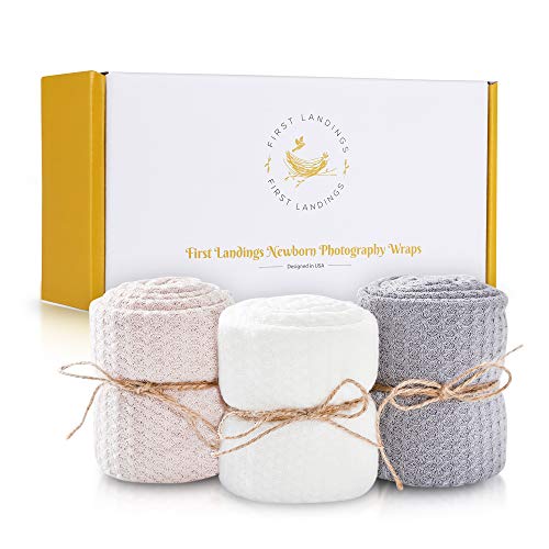Product Cover First Landings Baby Wrap | Set of 3 Premium Knit Wraps | Newborn Photography Props for Boy or Girl Photoshoot | Unisex Newborn Receiving Blankets or Baby Swaddle Wrap