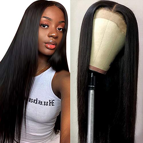 Product Cover Muokass 4x4 Lace Front Wigs Straight Hair Brazilian Virgin Human Hair Lace Closure Wigs For Black Women 150% Density Pre Plucked With Elastic Bands Natural Color Hairline