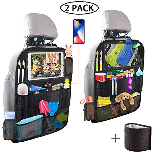Product Cover Backseat Car Organizer with 4 USB Charging Port, 11'' Touch Screen Tablet Holder, Seat Back Protectors Kick Mats for Toy Bottle Book Drink, Universal Fit Travel Accessories for Kid & Toddlers (2 Pack)