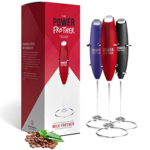 Product Cover Power Frother - Red Milk Frother for Coffee - Durable Electric Handheld - Battery Operated for Protein Powder, Collagen, Pre-Workout - Quiet & High Powered - By Omega PowerCreamer - Stand Included