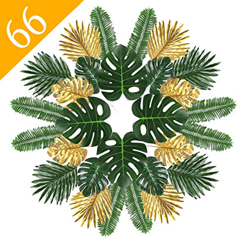 Product Cover 66 Pcs Artificial Tropical Palm Leaves, Luau Party Decoration Faux Monstera for Hawaiian Luau Party Jungle Beach Theme Party Table Leave Decorations (Color 2)