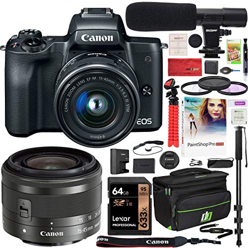 Product Cover Canon EOS M50 Mirrorless Camera with 4K Video and EF-M 15-45mm Lens Kit (Black) and Deco Gear Deluxe Travel Gadget Bag Case + Microphone + Monopod + Filter Set + 64GB Memory Card Accessory Kit Bundle