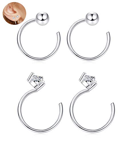 Product Cover Sllaiss 2 Pairs 925 Sterling Silver Ball Half Hoop Studs Earrings for Cartilage Women Piercing CZ Earrings Hypoallergenic Body Jewelry