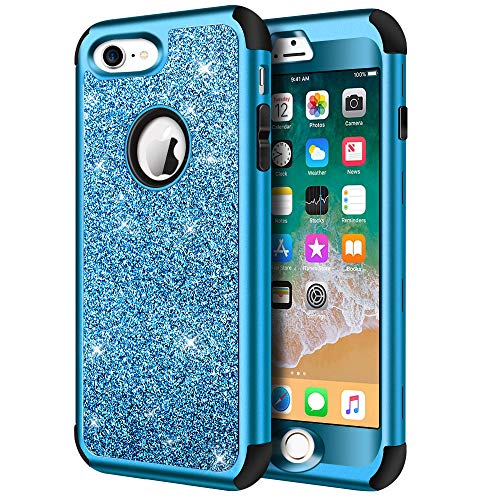 Product Cover iPhone 8 Case, iPhone 7 Case, Hython Heavy Duty Full-Body Defender Protective Case Bling Glitter Sparkle Hard Shell Armor Hybrid Shockproof Rubber Bumper Cover for iPhone 7 and iPhone 8, Blue
