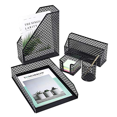 Product Cover Delifox Office Suppliers 5 Piece Desktop Organizer Set Desk Accessories - Letter Tray, Mail Sorter, Sticky Note Holder, Pen Cup and Magazine Holder, Black
