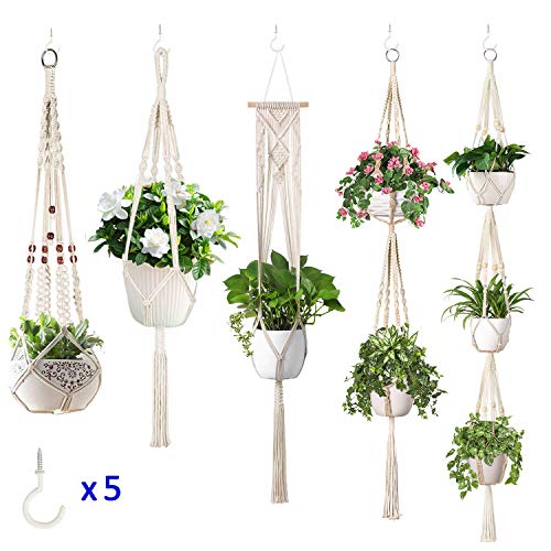 Product Cover 5-Pack Macrame Plant Hangers w/ 5 Hooks, Different Tiers, Handmade Cotton Rope Hanging Planters Set Flower Pots Holder Stand, for Indoor Outdoor Boho Home Decor