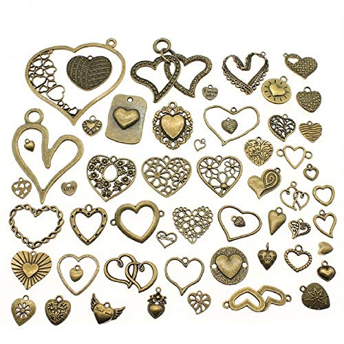 Product Cover Chengxun 55 Pcs Wholesale Bulk Mixed Antique Bronze Love Heart Necklace Pendants Assorted Bracelets Charms for DIY Jewelry Making