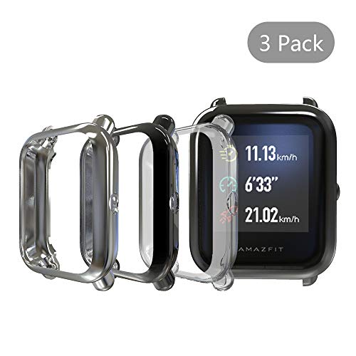 Product Cover (3 Pack) Seltureone Cases Compatible for Amazfit Bip by Huami, Full Body Protection TPU Anti-Scratch Cover for Amazfit Bip Lite- Clear+Black+Gray