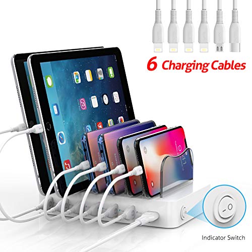 Product Cover SooPii Premium 6-Port USB Charging Station Organizer for Multiple Devices, 6 Short Charging Cables Included, for Phones, Tablets, and Other Electronics, White