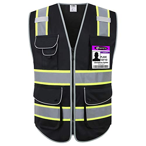 Product Cover JKSafety 9 Pockets High Visibility Zipper Front Safety Vest Black with Dual Tone High Reflective Strips Meets ANSI/ISEA Standards (Black Yellow Strips, X-Large)