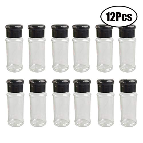 Product Cover Plastic Spice Bottles with Sifter Lid Set of 12 Pcs 3 Oz. Clear Reusable Containers Jars for Home Kitchen Herbs Seasonings Confectionary Toppings (Black)