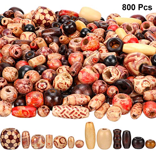 Product Cover 800 Pieces Printed Wooden Beads Loose Wood Beads Assorted Natural Wooden Bead for Jewelry Making DIY Bracelet Necklace Hair Crafts