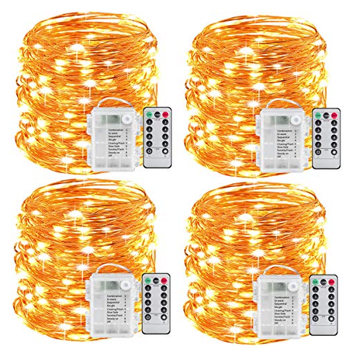 Product Cover Mikasol Fairy String Lights, 4 Packs Led Fairy Lights Battery Operated Waterproof Copper Wire with Remote Control Fairy Lights for Bedroom. Firefly Lights Christmas Lights 8 Modes (16.4 ft/Warm White)
